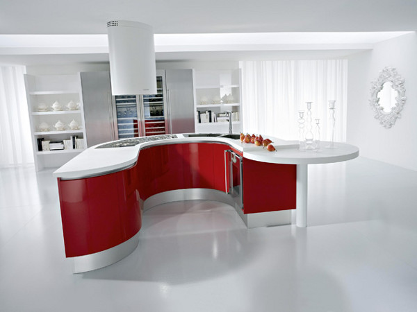 Cozinha com ilha vermelha e branco