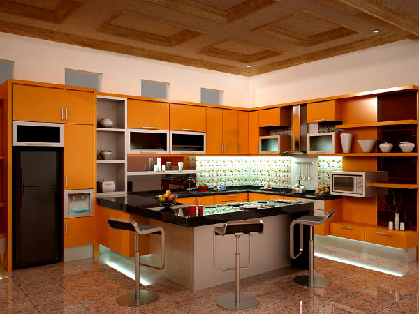 Cozinha laranja com layoute em U