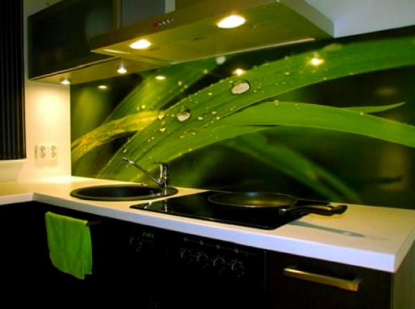 Cozinha verde com papel de parede sobre plantas