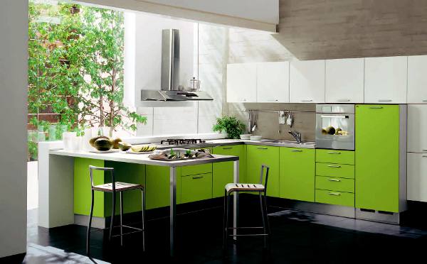 Cozinha em U, em tons de verde com plantas