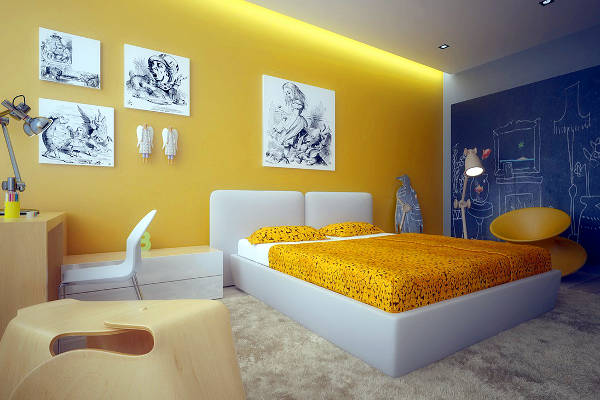 Quarto moderno amarelo com parede de giz