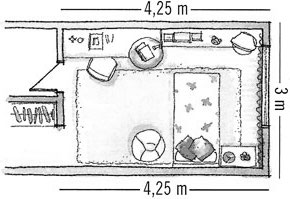 Planta de quarto com Estantes multiuso de forma a aproveitar a parede