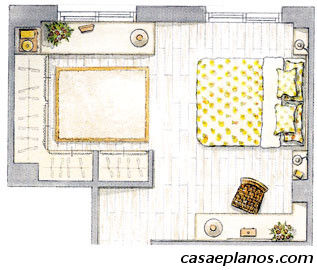 Planto de quarto com uma Ã¡rea de estudo
