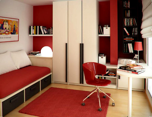 Quarto pequeno em tons de vermelho e branco